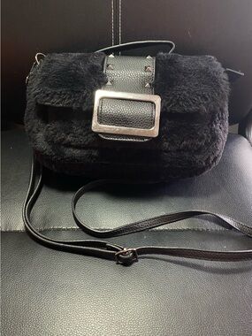 Claire’s Black Faux Fur Crossbody Bag with Studded Buckle
